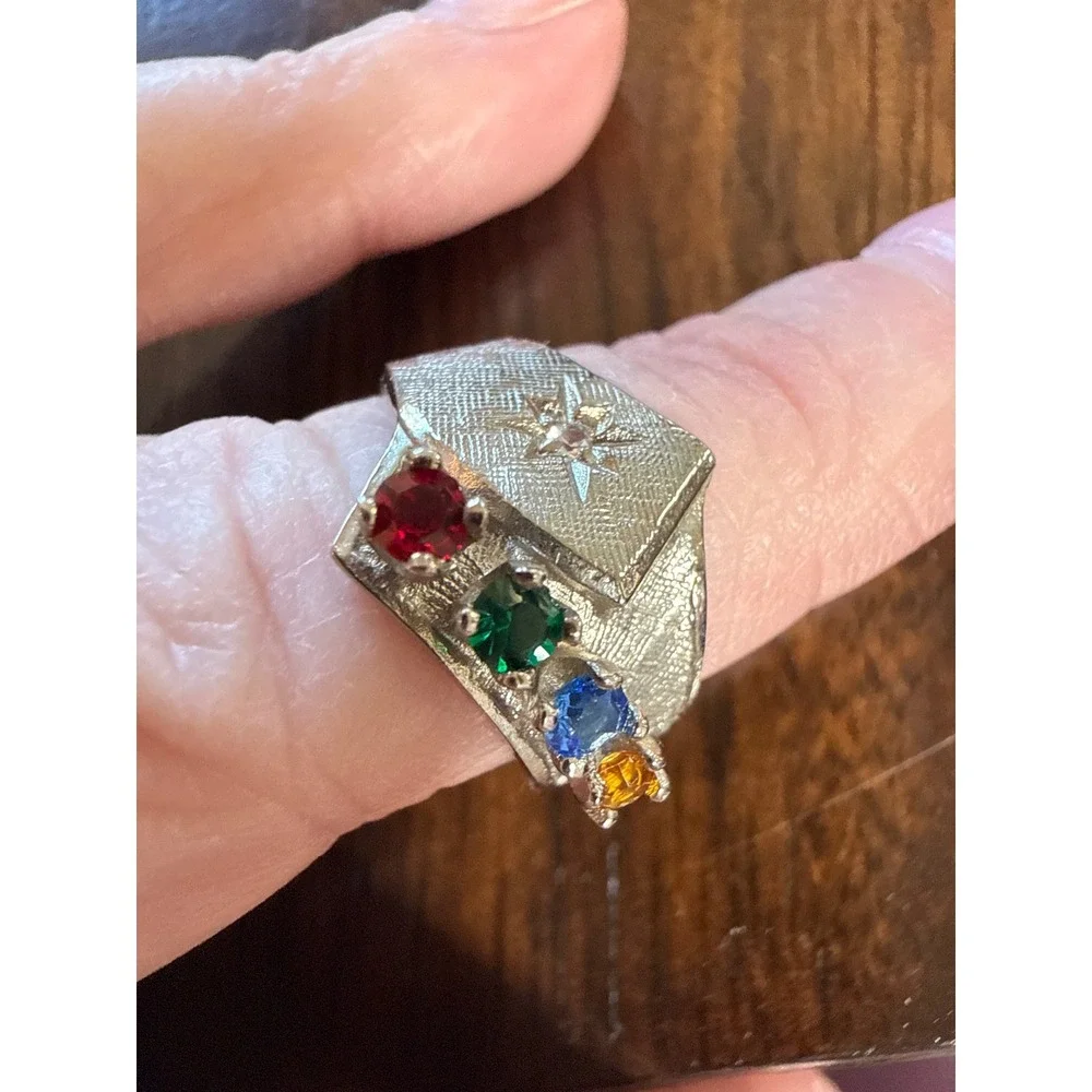 Vintage Brass Mothers Ring Family Birthstone‎ Rhinestone Starburst Textured Band